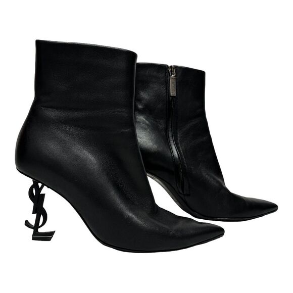 YSL Yves Saint Laurent OPYUM Logo Heel Boots Ankle Booties Black 36 5.5 6 - Picture 4 of 15